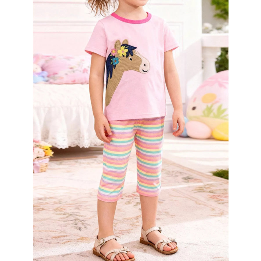Children’s Horse Applique Top & Rainbow Striped Pants Set Blush Pink / 2Y Apparel and Accessories