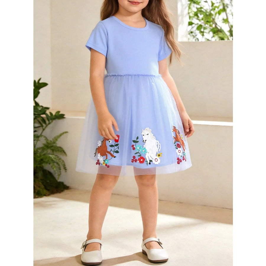 Children’s Horse Embroidered Tulle Dress Dusty Blue / 2Y Apparel and Accessories