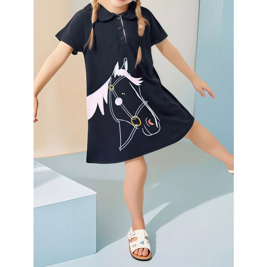 Children’s Horse Short Sleeve Polo Dress Black / 2Y Apparel and Accessories