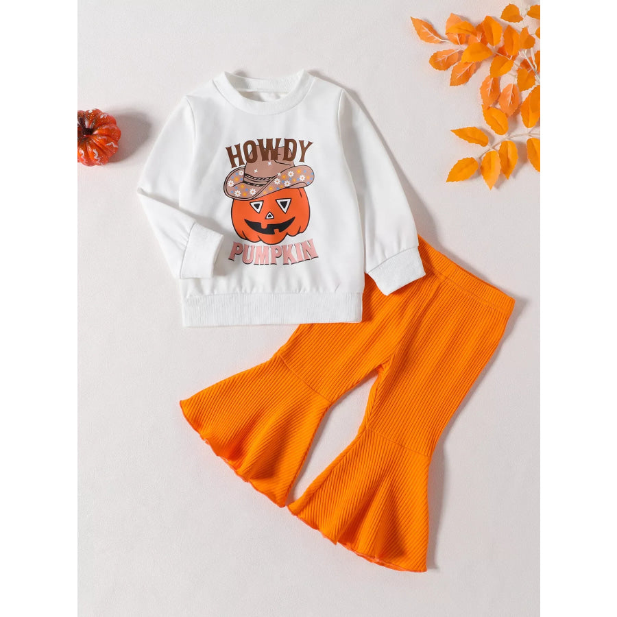 Children’s Howdy Pumpkin Graphic Long Sleeve Sweatshirt and Ribbed Bell Pants Set White / 0-6M Apparel Accessories