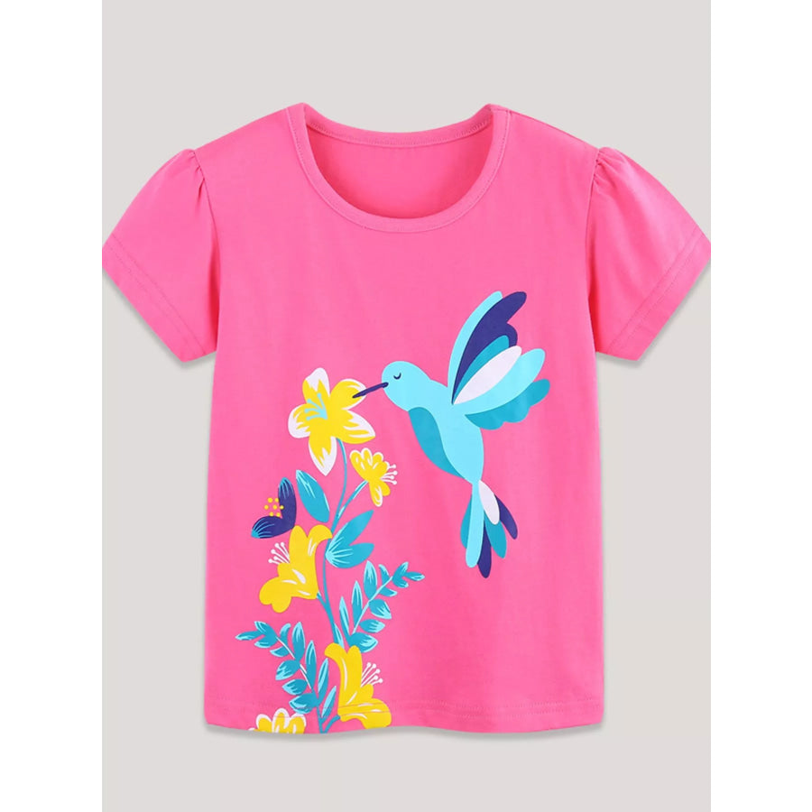 Children’s Hummingbird & Floral Print Short Sleeve T-Shirt Hot Pink / 2Y Apparel and Accessories