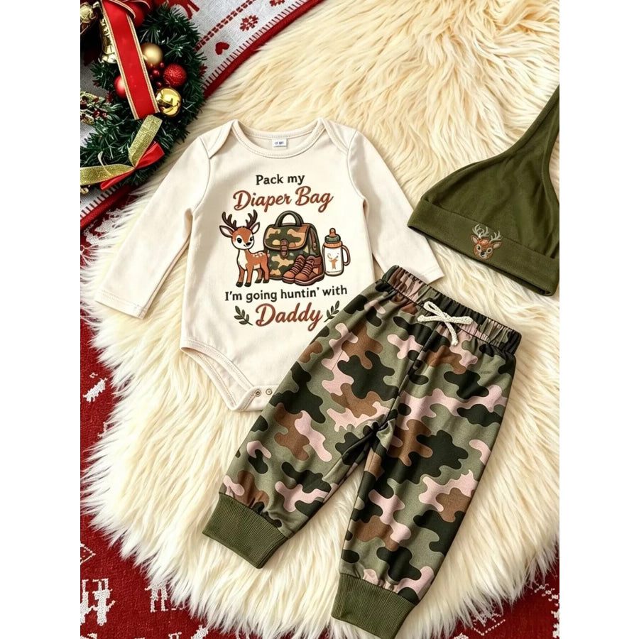 Children’s Hunting Theme Graphic Bodysuit and Camo Pants Set with Hat Beige / 0-3M Apparel Accessories