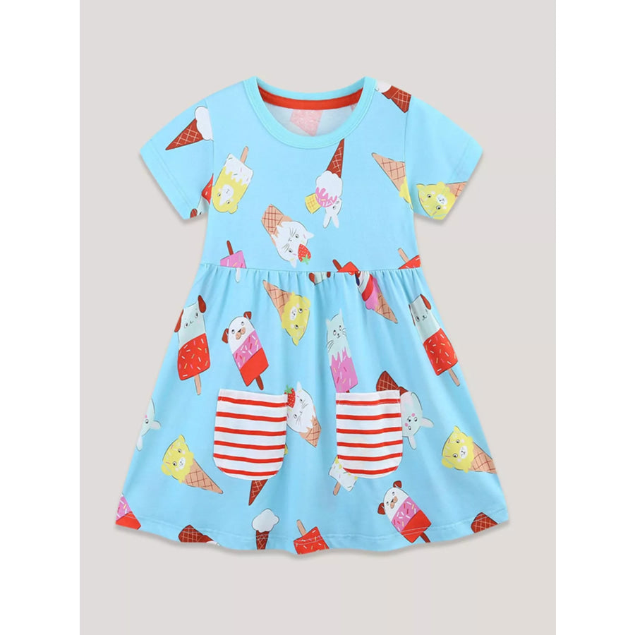 Children’s Ice Cream Print Short Sleeve Dress Pastel Blue / 2Y Apparel and Accessories