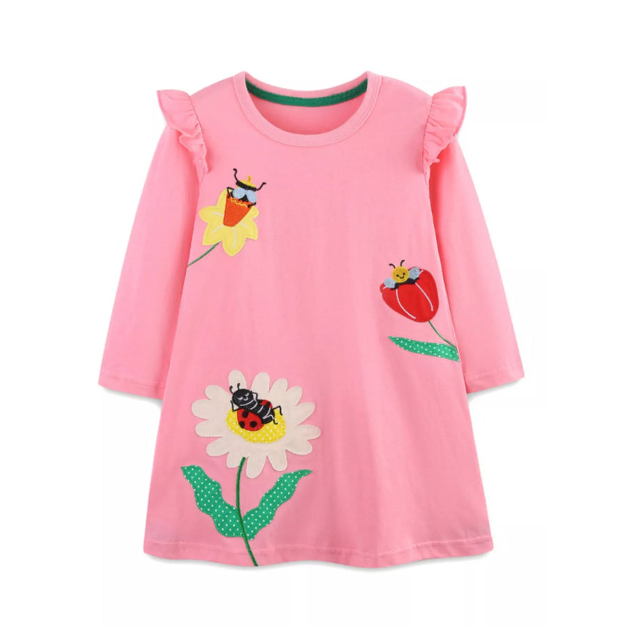 Children’s Insect and Flower Appliques Long-Sleeve Dress Apparel and Accessories