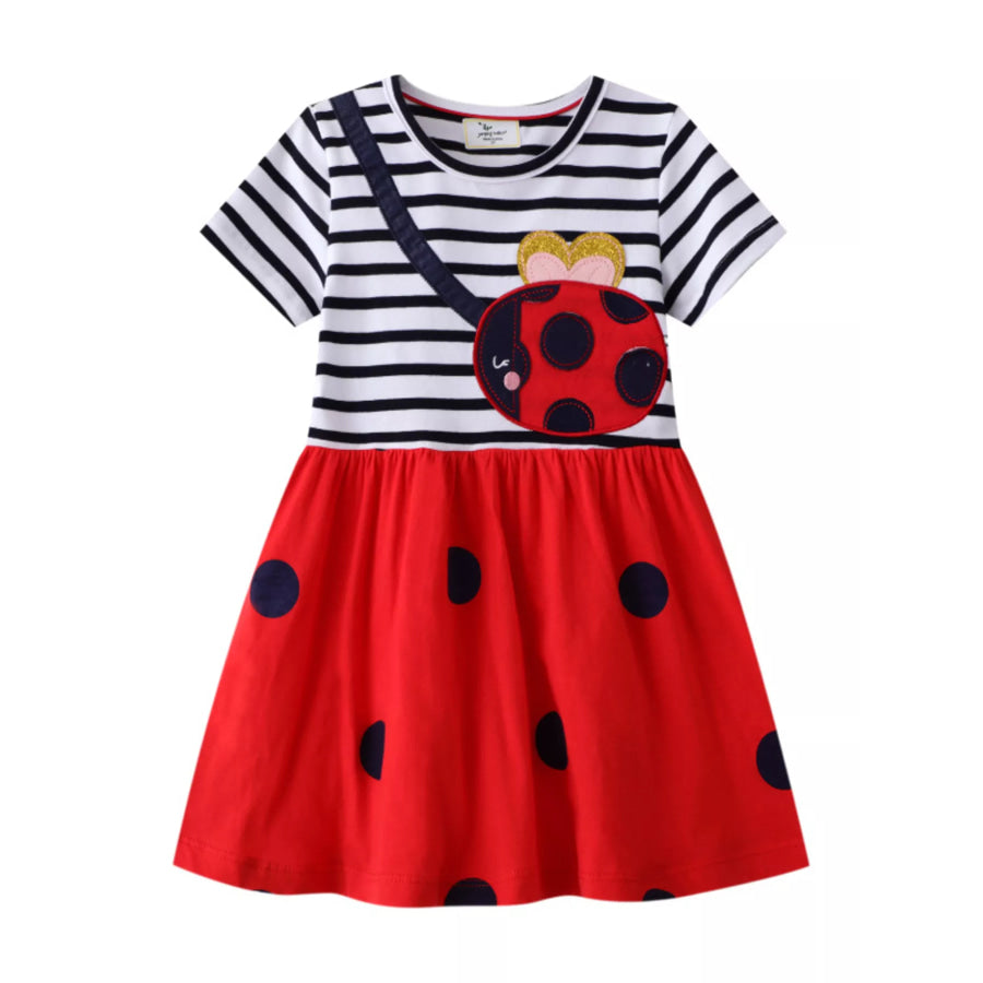 Children’s Ladybug Applique Striped Casual Dress Red / 2T Apparel and Accessories