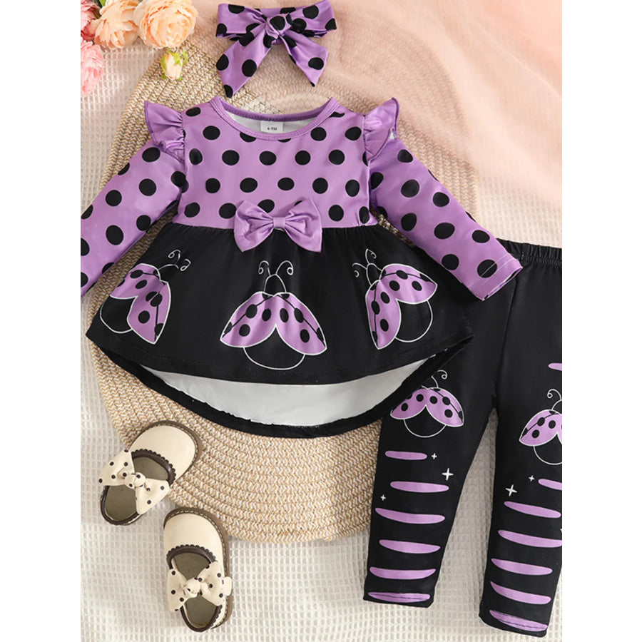 Children’s Ladybug Polka Dot Ruffle Trim Top and Pants Set with Headband Purple / 6-9M Apparel and Accessories