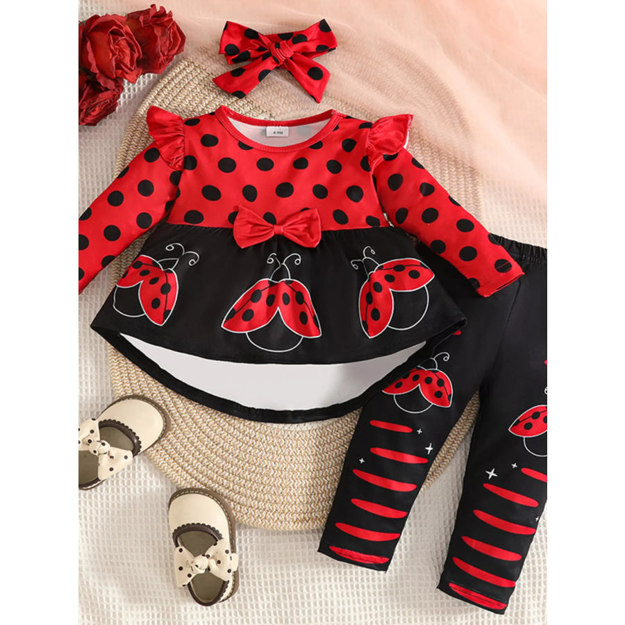 Children’s Ladybug Polka Dot Ruffle Trim Top and Pants Set with Headband Red / 6-9M Apparel and Accessories