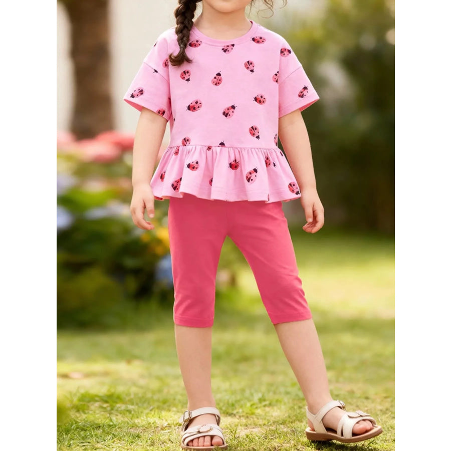 Children’s Ladybug Print Ruffle Hem Top & Capri Leggings Set Pink / 2Y Apparel and Accessories