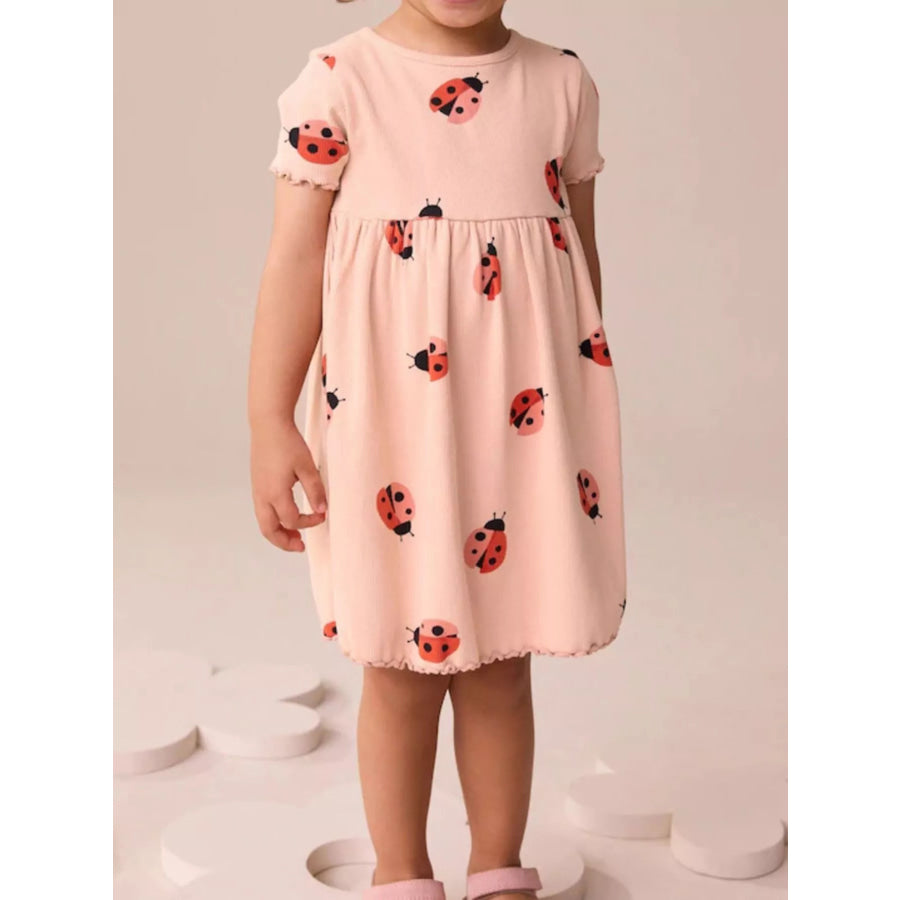 Children’s Ladybug Print Ruffle Trim Casual Dress Pale Blush / 3Y Apparel and Accessories