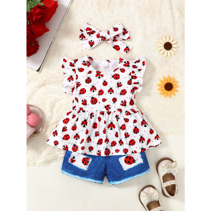 Children’s Ladybug Print Ruffle Trim Top & Shorts Headband Set Apparel and Accessories