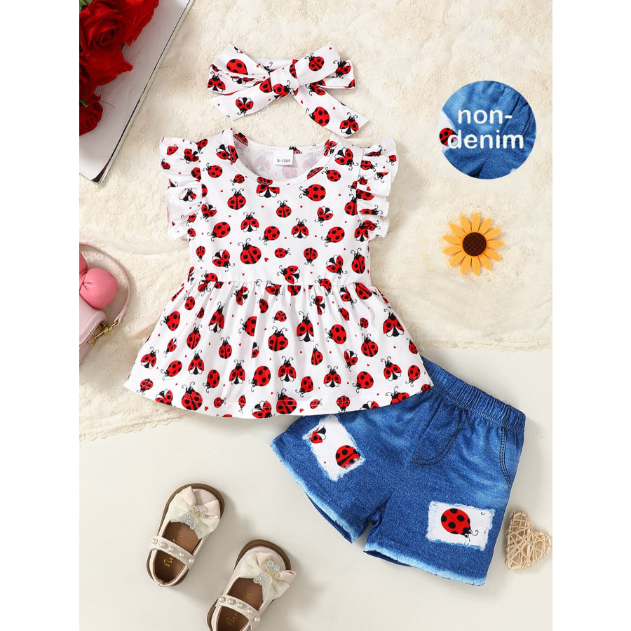 Children’s Ladybug Print Ruffle Trim Top & Shorts Headband Set Gray/white / 6-9M Apparel and Accessories