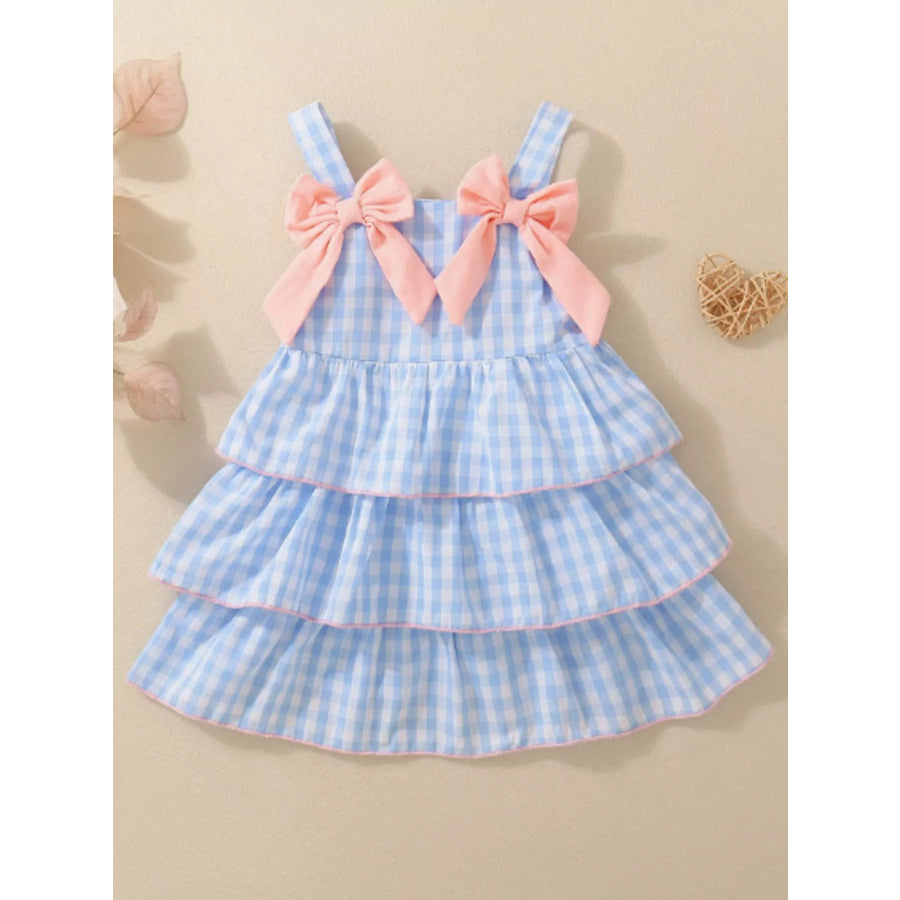 Children’s Layered Ruffle Gingham Dress with Bows Blue / 3-6M Apparel and Accessories