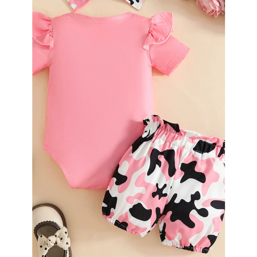 Children’s Leopard Heart Bodysuit and Shorts Set with Headband Pink / 0-3M Apparel and Accessories