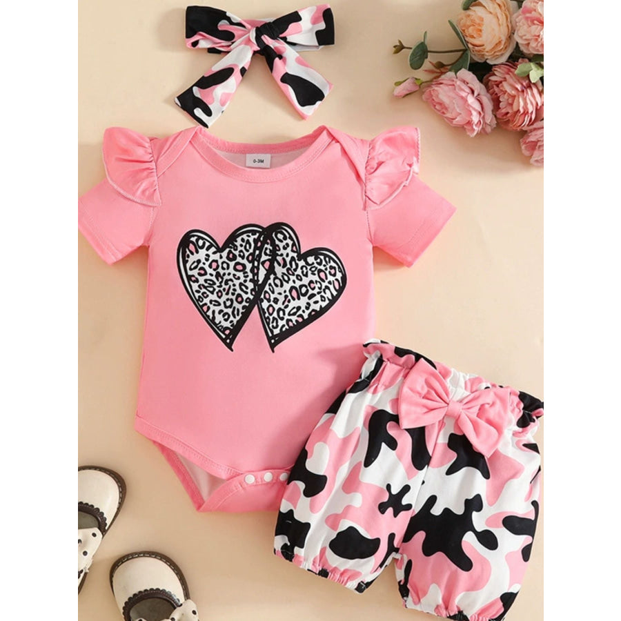 Children’s Leopard Heart Bodysuit and Shorts Set with Headband Pink / 0-3M Apparel and Accessories
