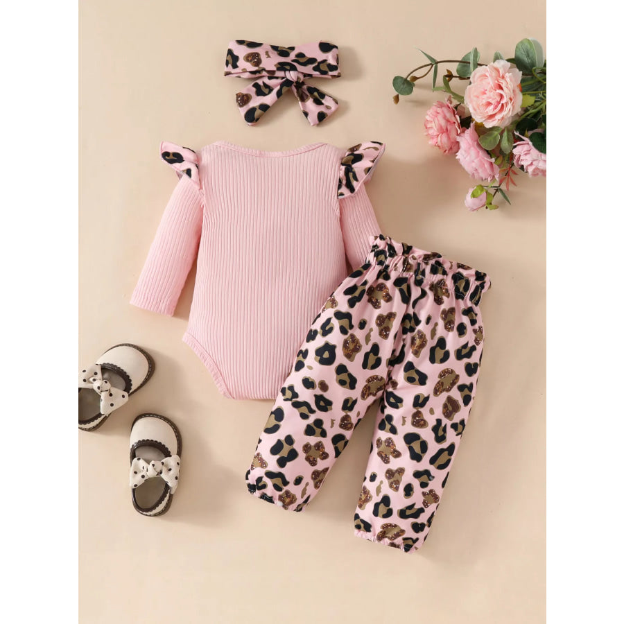 Children’s Leopard Ruffled Bodysuit and Pants Set with Headband Apparel and Accessories
