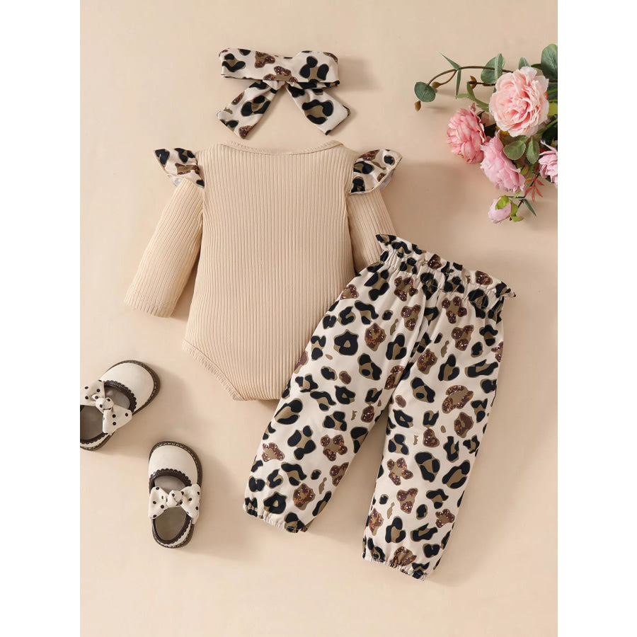 Children’s Leopard Ruffled Bodysuit and Pants Set with Headband Apricot / 0-3M Apparel and Accessories