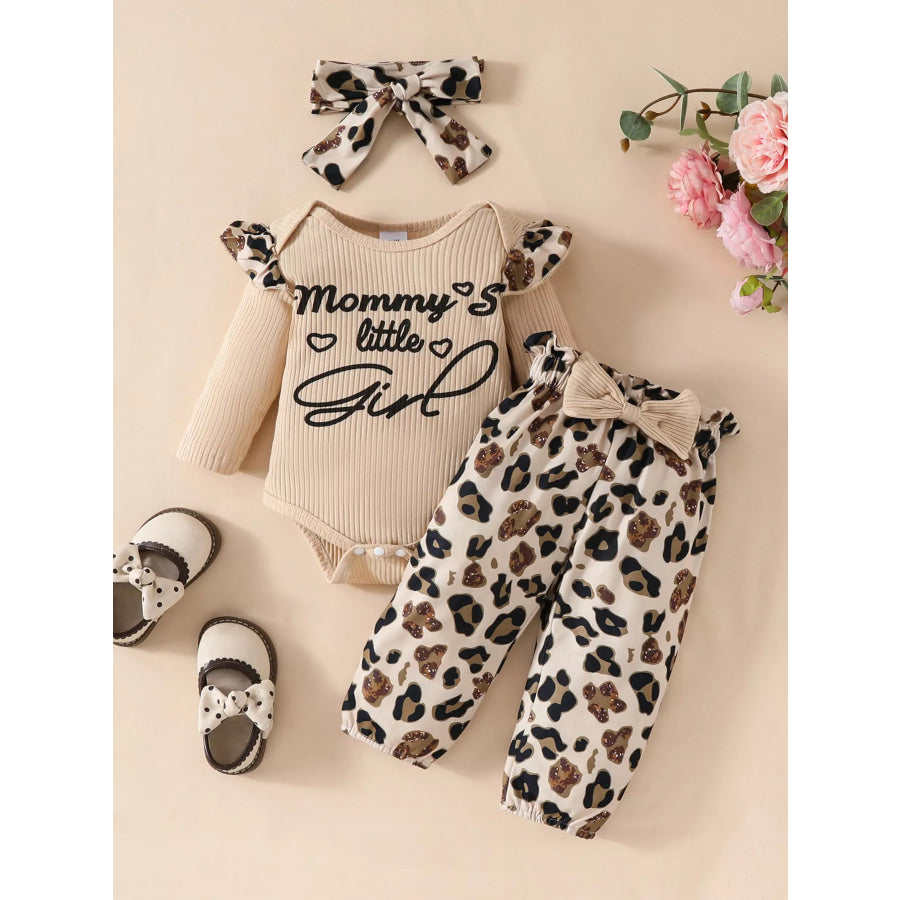 Children’s Leopard Ruffled Bodysuit and Pants Set with Headband Apricot / 0-3M Apparel and Accessories