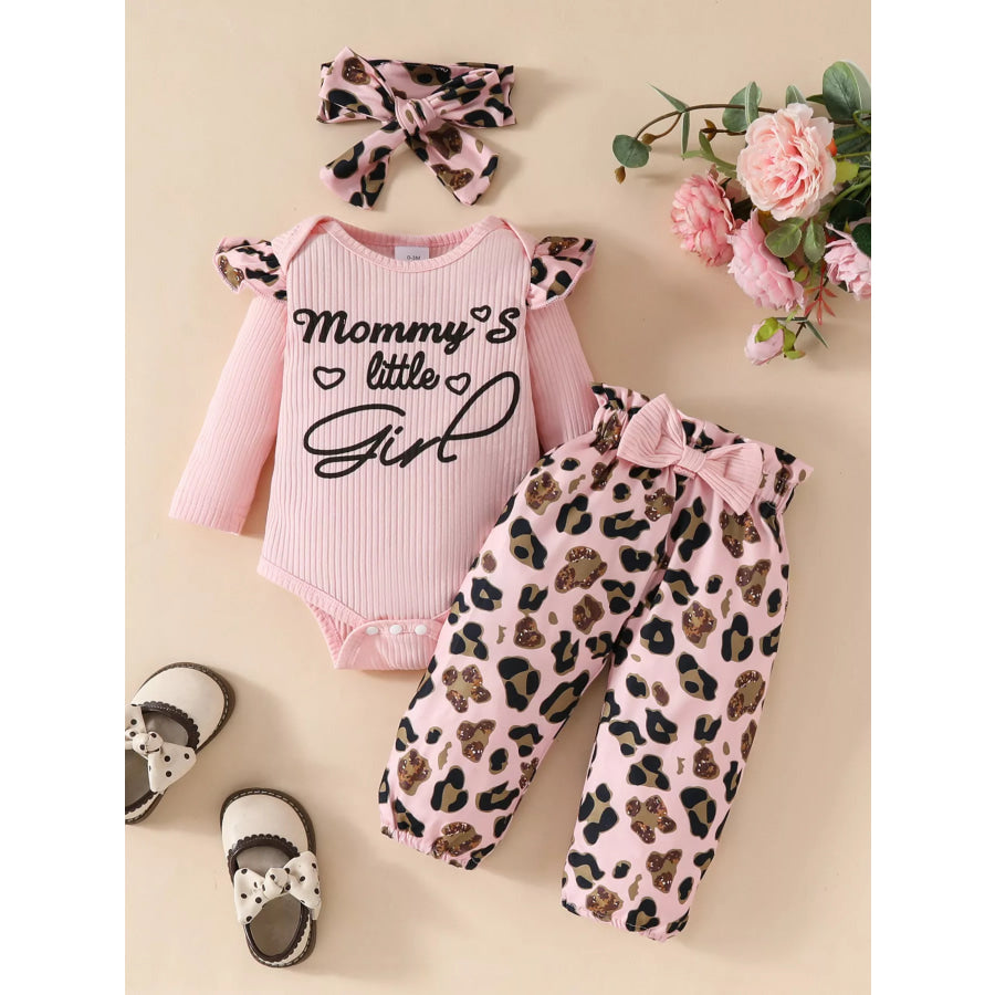 Children’s Leopard Ruffled Bodysuit and Pants Set with Headband Pink / 0-3M Apparel and Accessories