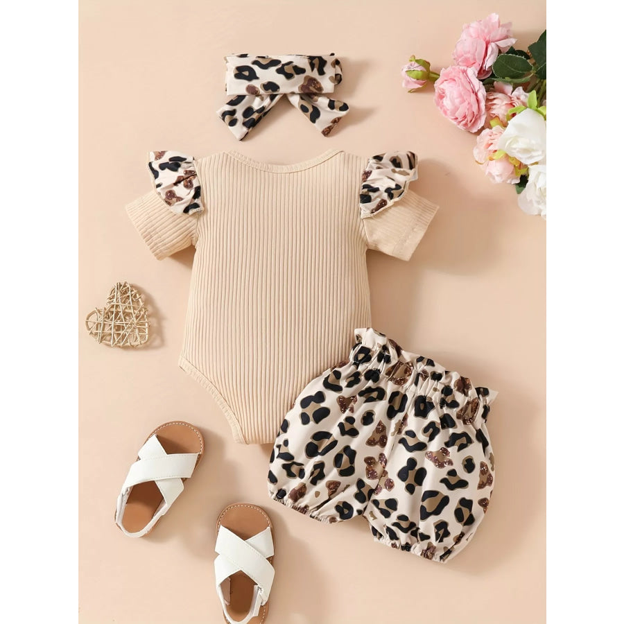 Children’s Leopard Ruffled Bodysuit and Shorts Set with Headband Apricot / 0-3M Apparel and Accessories