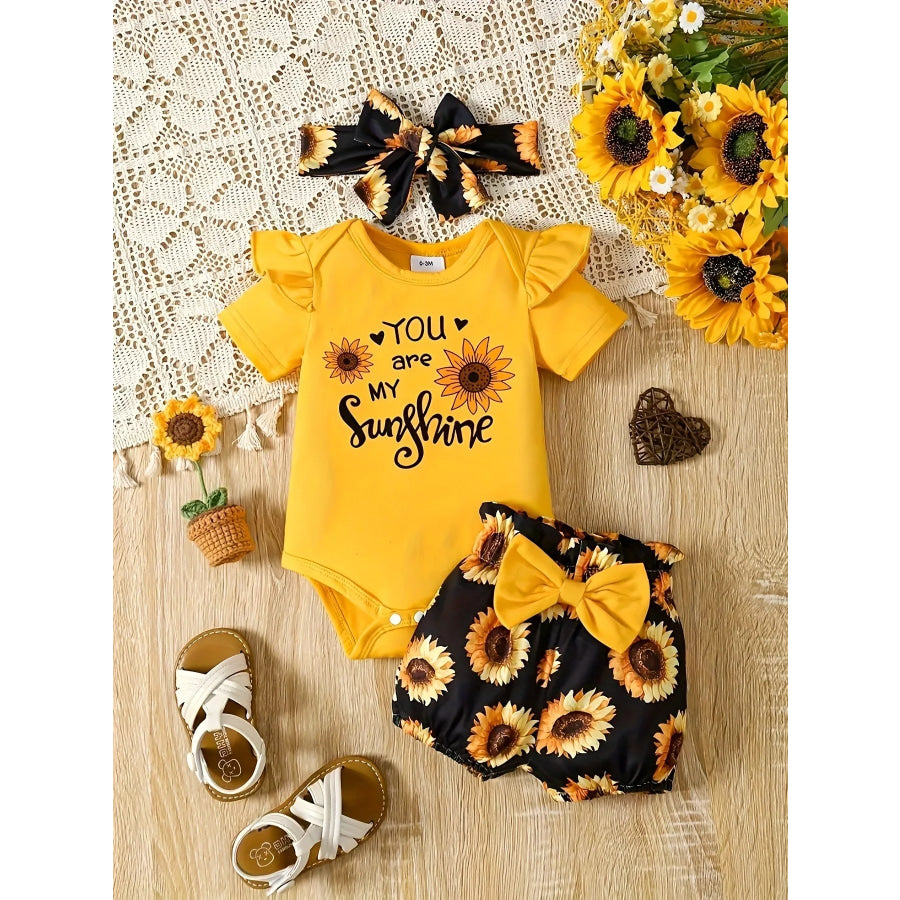 Children’s Leopard Ruffled Bodysuit and Shorts Set with Headband Yellow / 0-3M Apparel and Accessories