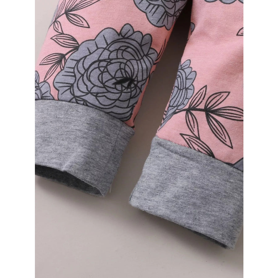 Children’s Letter Graphic Bodysuit and Floral Pants Set with Headband Hat Apparel Accessories