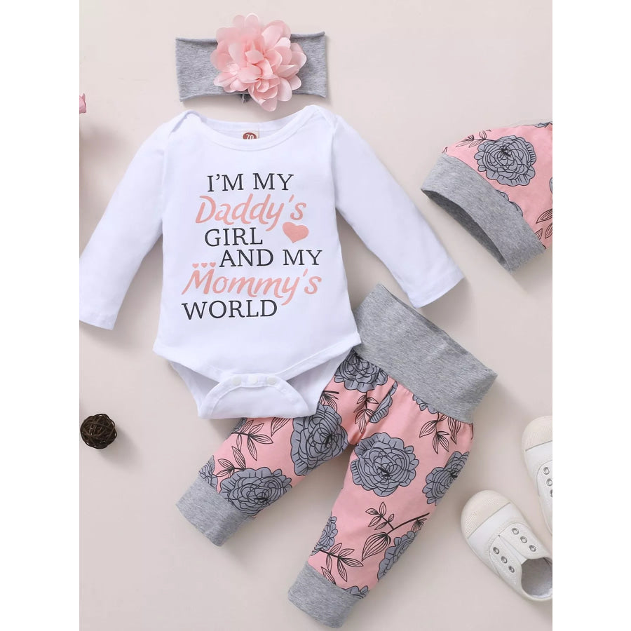 Children’s Letter Graphic Bodysuit and Floral Pants Set with Headband Hat White / 1-3M Apparel Accessories