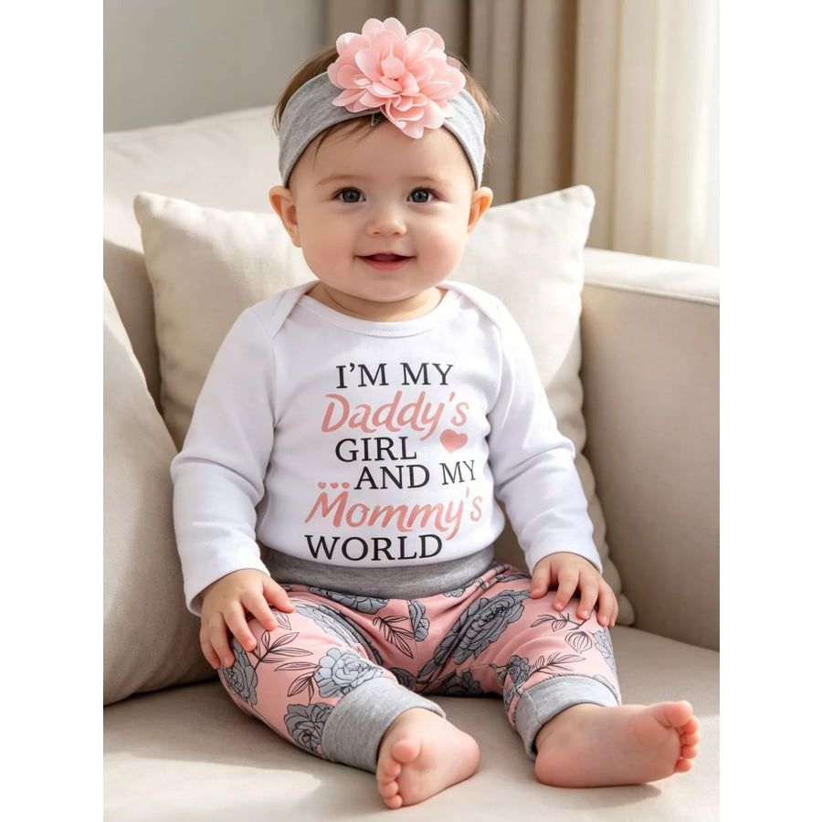 Children’s Letter Graphic Bodysuit and Floral Pants Set with Headband Hat White / 1-3M Apparel Accessories