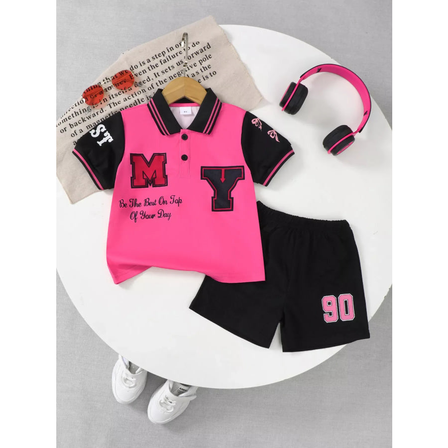 Children’s Letter Graphic Polo Shirt & Shorts Set Rose Red / 4Y Apparel and Accessories