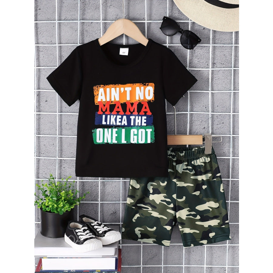 Children’s Letter Graphic Tee & Camo Shorts Set Black / 4Y Apparel and Accessories