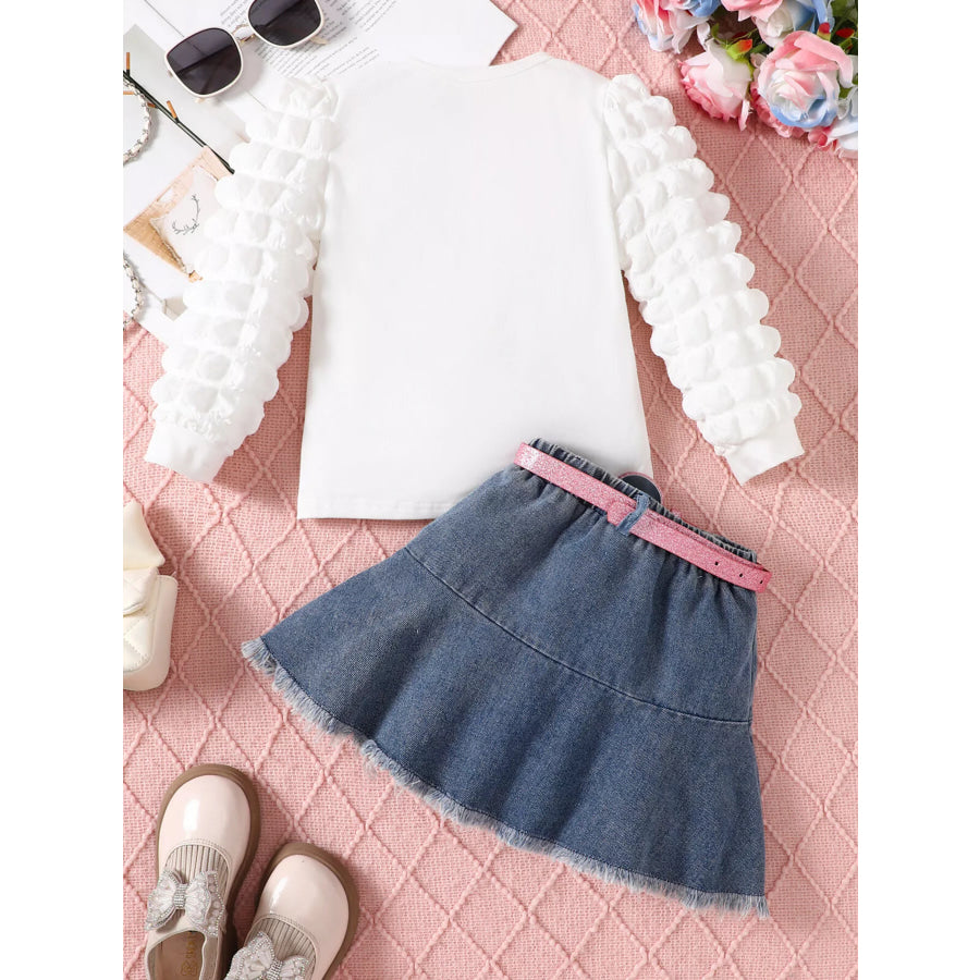 Children’s Letter Long Sleeve Top and Denim Skirt Set Apparel and Accessories