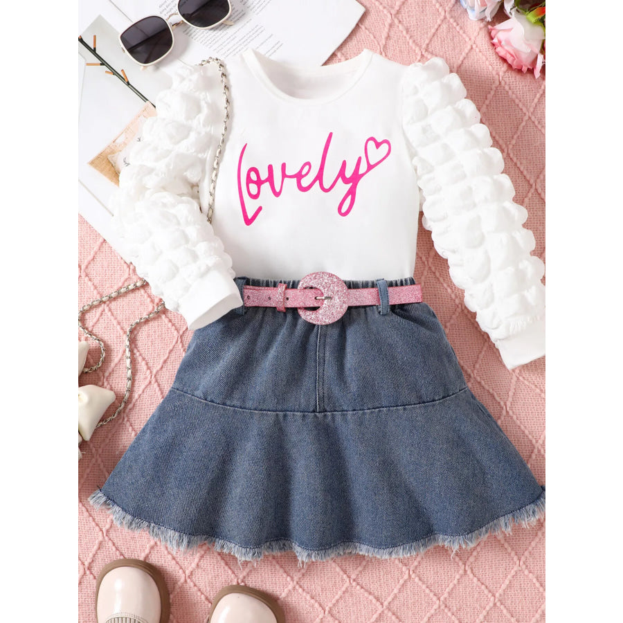 Children’s Letter Long Sleeve Top and Denim Skirt Set White / 1-2Y Apparel and Accessories