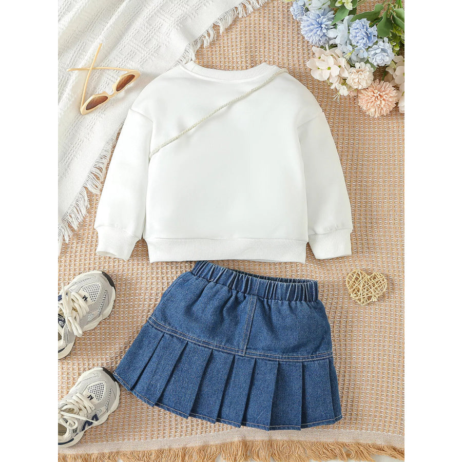 Children’s Letter Long Sleeve Top and Denim Skirt Set with Heart Bag Apparel and Accessories