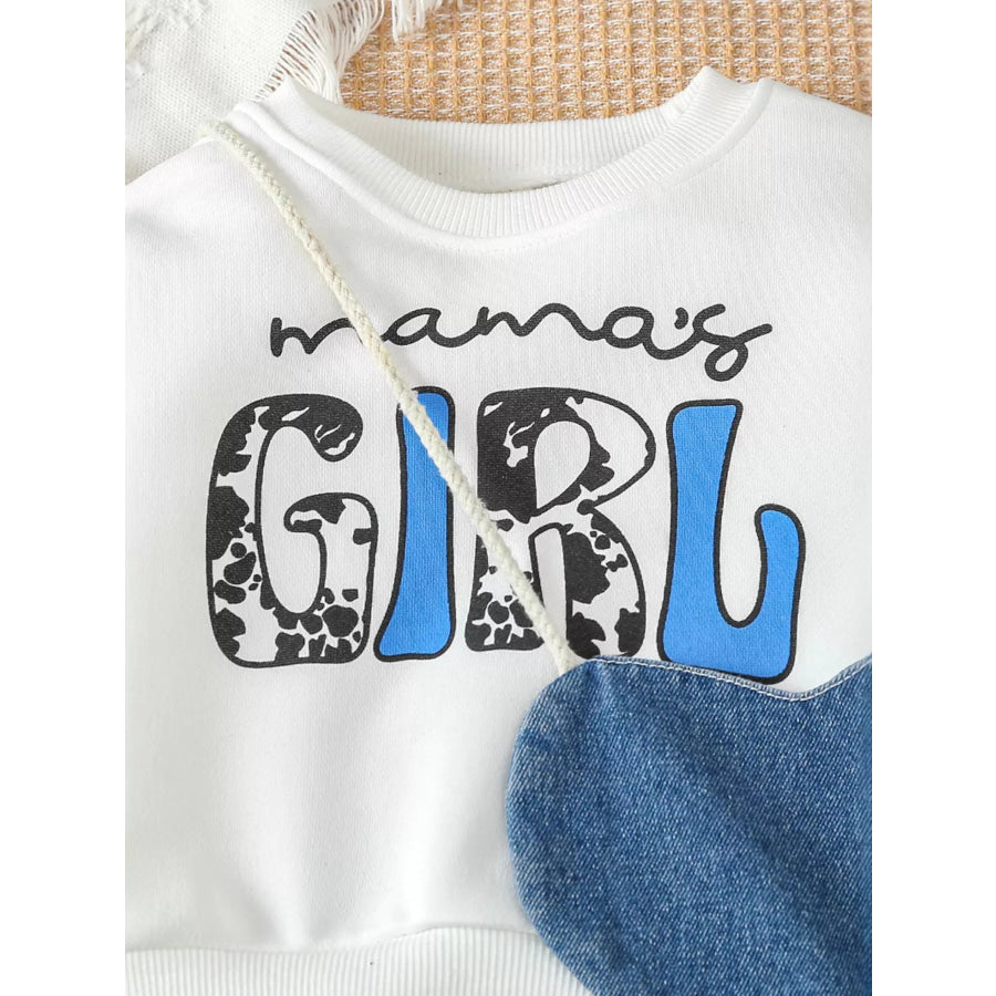 Children’s Letter Long Sleeve Top and Denim Skirt Set with Heart Bag Apparel and Accessories