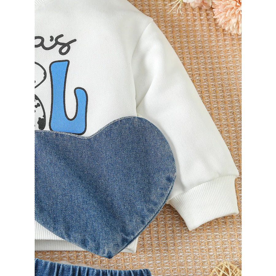 Children’s Letter Long Sleeve Top and Denim Skirt Set with Heart Bag Apparel and Accessories