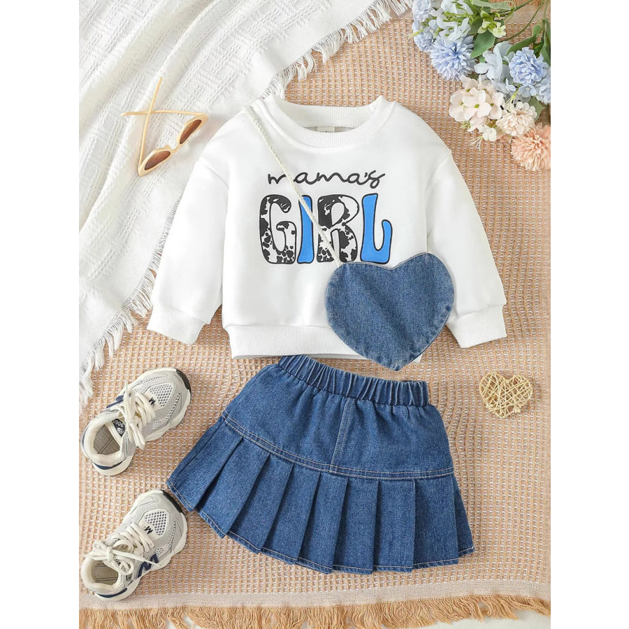 Children’s Letter Long Sleeve Top and Denim Skirt Set with Heart Bag White / 6-9M Apparel and Accessories