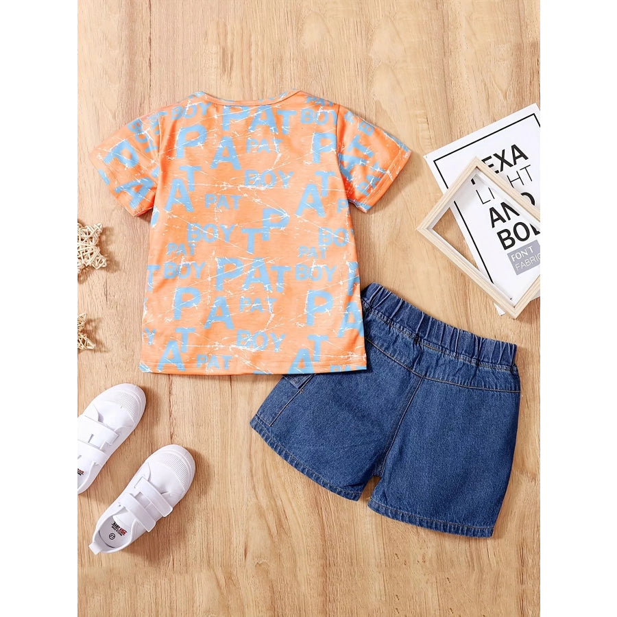 Children’s Letter Print T-Shirt & Denim Shorts Set Apparel and Accessories