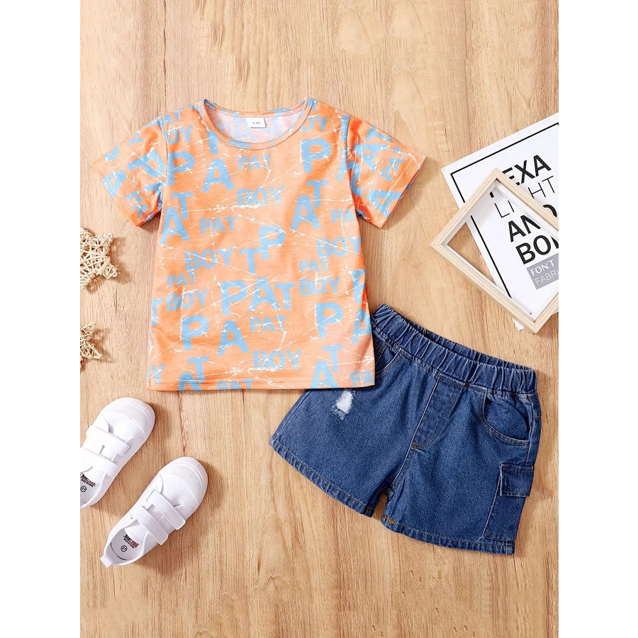 Children’s Letter Print T-Shirt & Denim Shorts Set Orange / 18-24M Apparel and Accessories