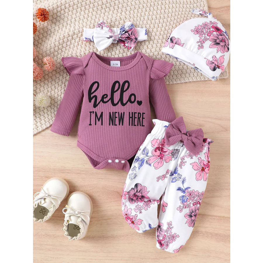 Children’s Letter Ribbed Bodysuit and Pants Set with Headband & Hat Purple / 0-1M Apparel and Accessories