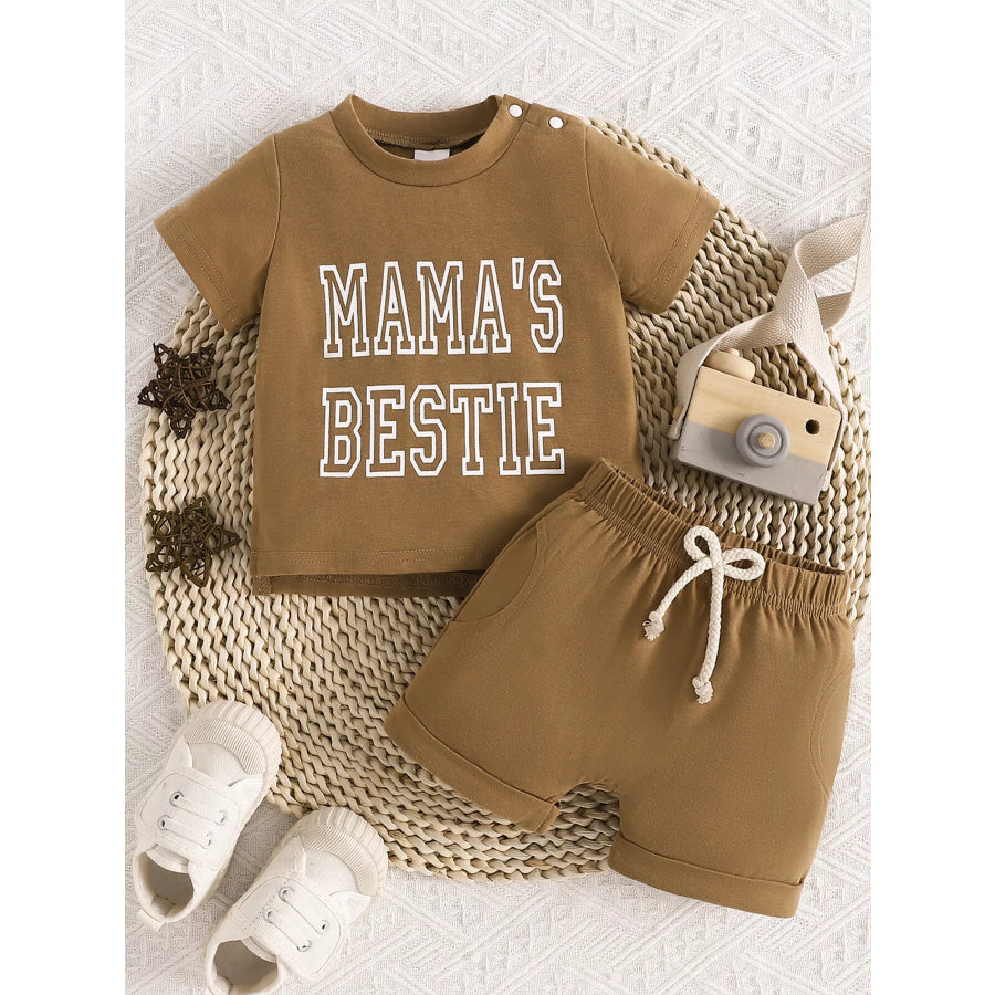 Children’s Letter Round Neck Tee and Shorts Set Dark Brown / 0-6M Apparel and Accessories