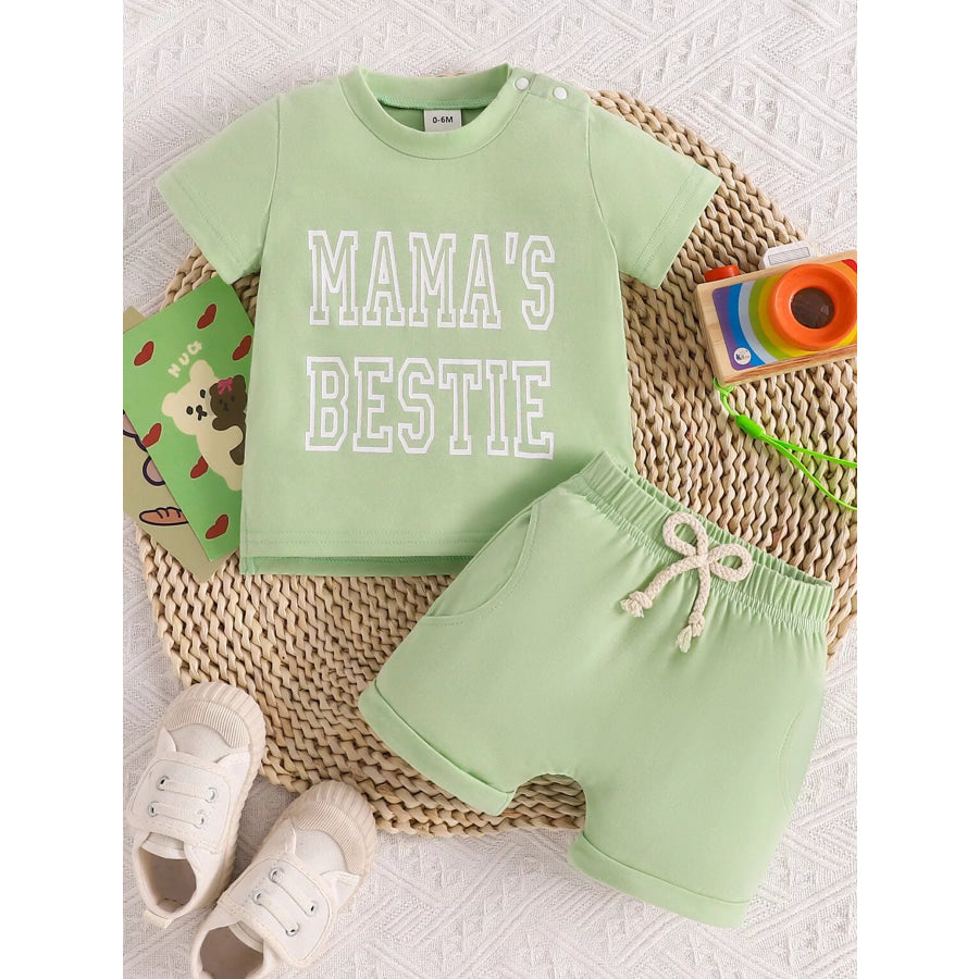 Children’s Letter Round Neck Tee and Shorts Set Light Green / 0-6M Apparel and Accessories
