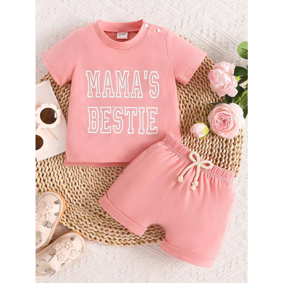 Children’s Letter Round Neck Tee and Shorts Set Pink / 0-6M Apparel and Accessories