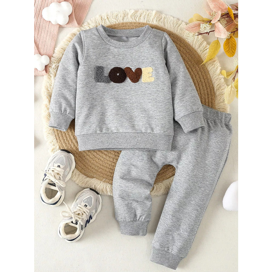 Children’s Letter Round Neck Top and Pants Set Gray / 0-6M Apparel and Accessories