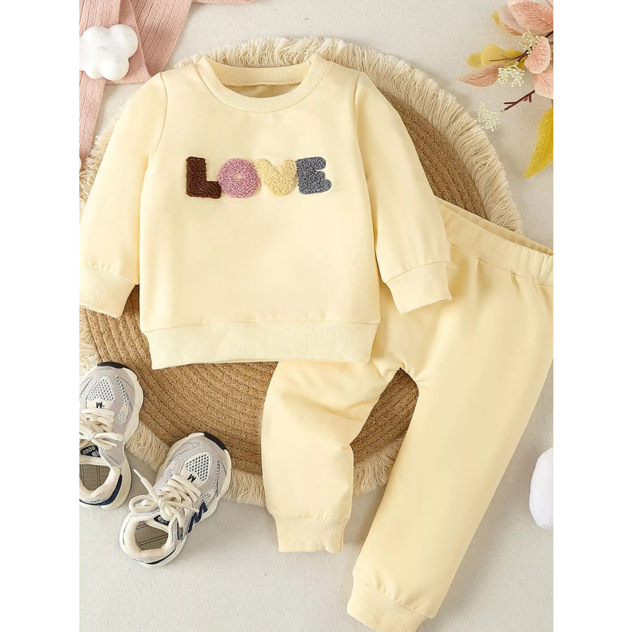 Children’s Letter Round Neck Top and Pants Set Light Yellow / 0-6M Apparel and Accessories