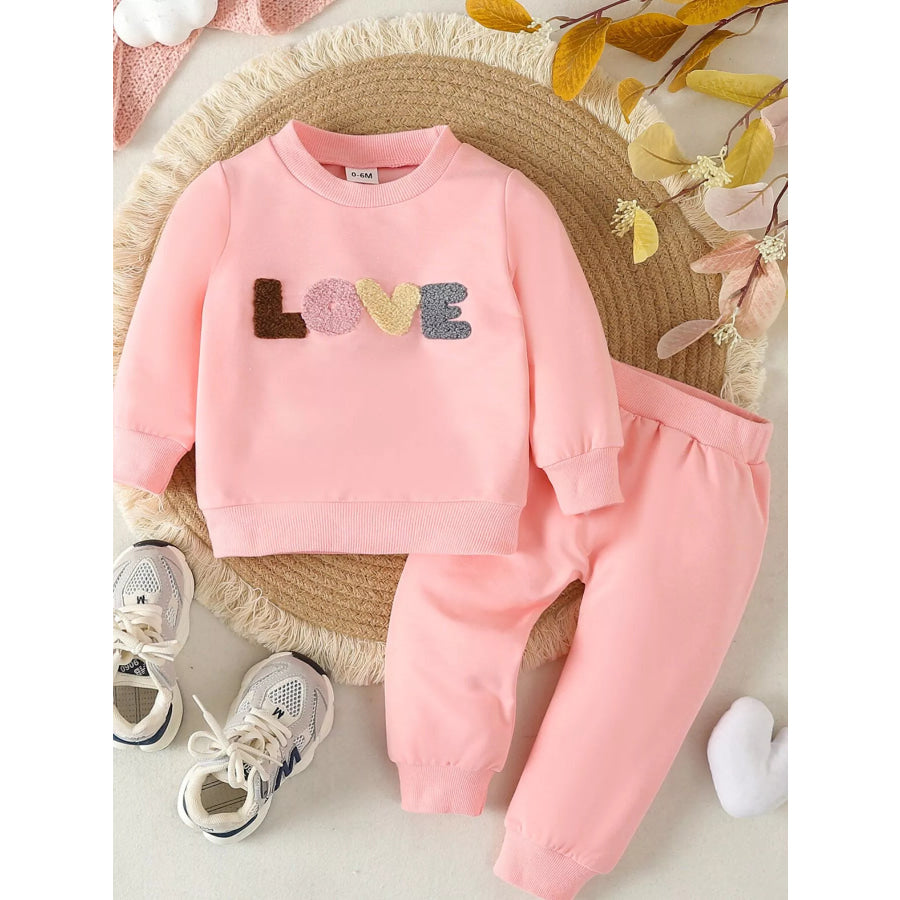 Children’s Letter Round Neck Top and Pants Set Pink / 0-6M Apparel and Accessories