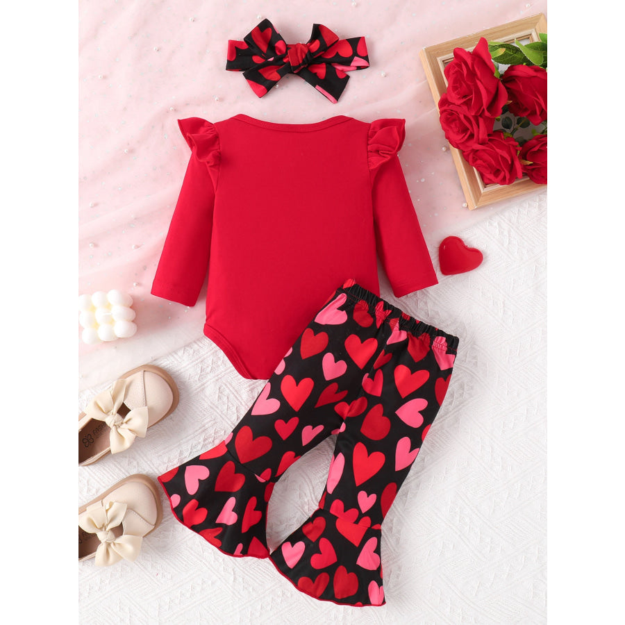 Children’s Letter Ruffled Trim Bodysuit and Pants Set with Headband Apparel and Accessories