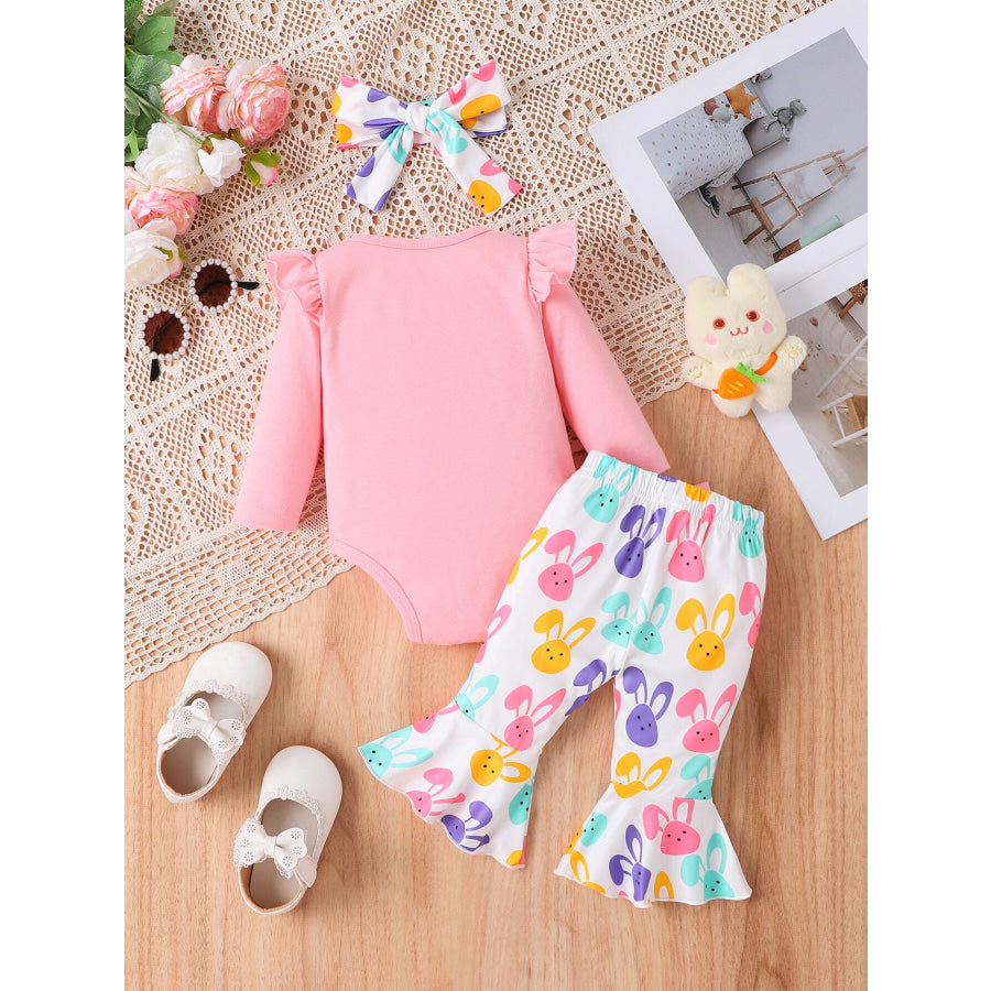 Children’s Letter Ruffled Trim Bodysuit and Pants Set with Headband Apparel and Accessories