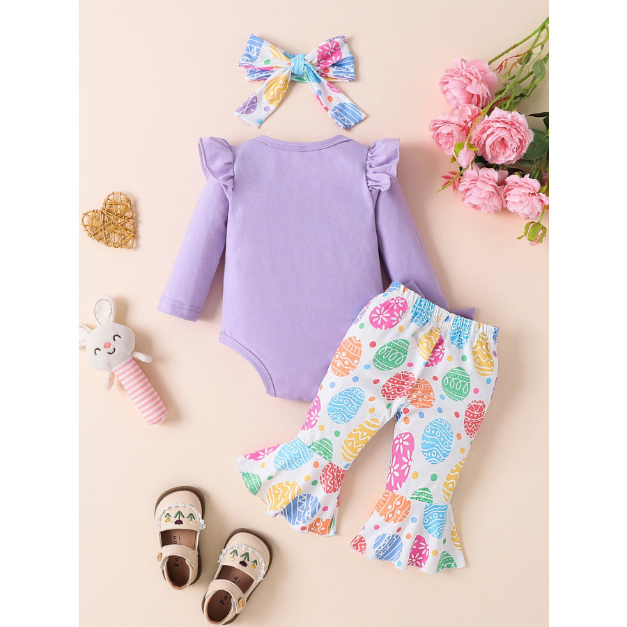 Children’s Letter Ruffled Trim Bodysuit and Pants Set with Headband Apparel and Accessories