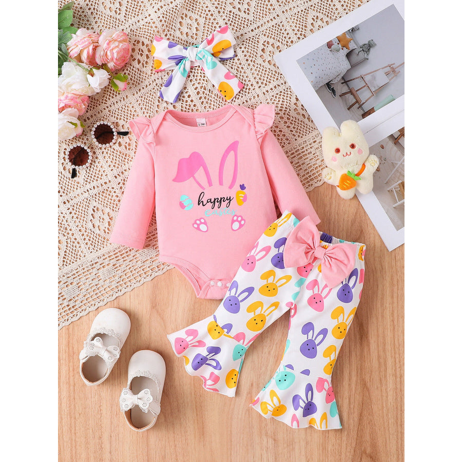 Children’s Letter Ruffled Trim Bodysuit and Pants Set with Headband Blush Pink / 1-3M Apparel and Accessories
