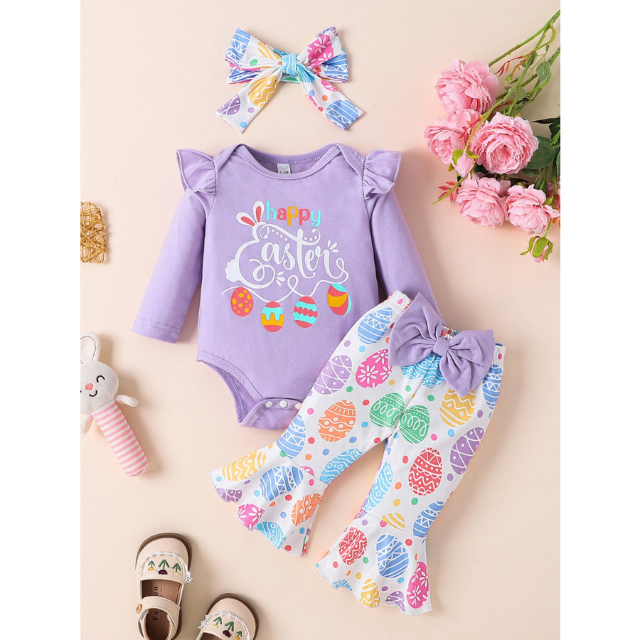Children’s Letter Ruffled Trim Bodysuit and Pants Set with Headband Lavender / 1-3M Apparel and Accessories