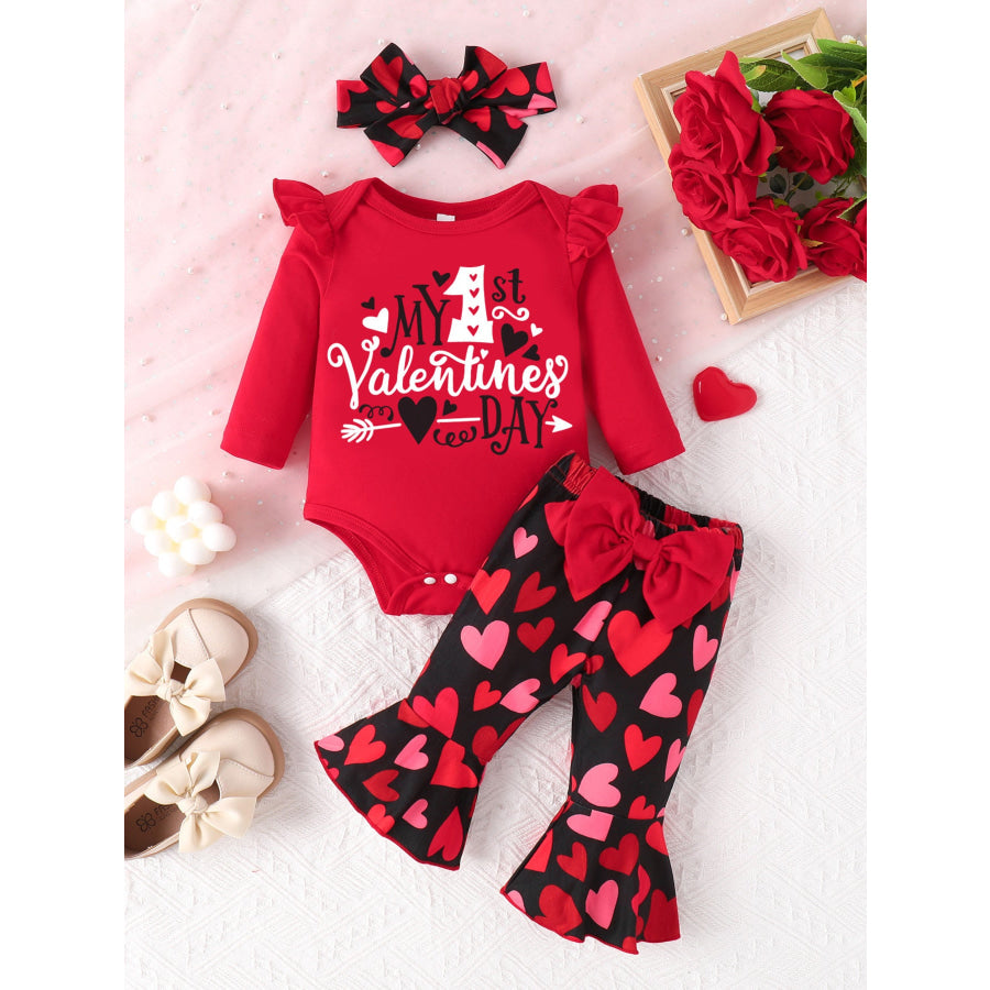 Children’s Letter Ruffled Trim Bodysuit and Pants Set with Headband Red / 1-3M Apparel and Accessories